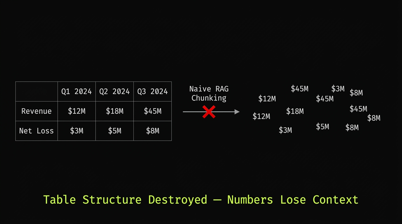 A financial table before and after naive RAG chunking